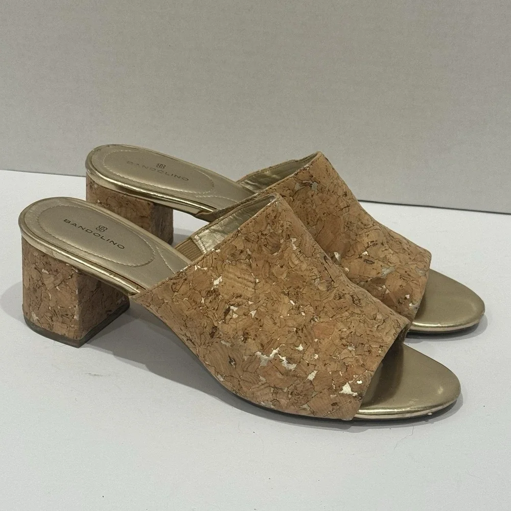 Bandolino Metallic Gold Neutral Minimalist Cork‎ Chunky Heeled Sandal Size 10M